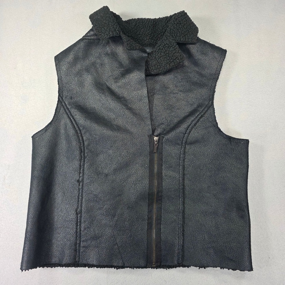 Eric + Lani Womens Black Faux Leather Sherpa Lined Zip Front Moto Vest Small